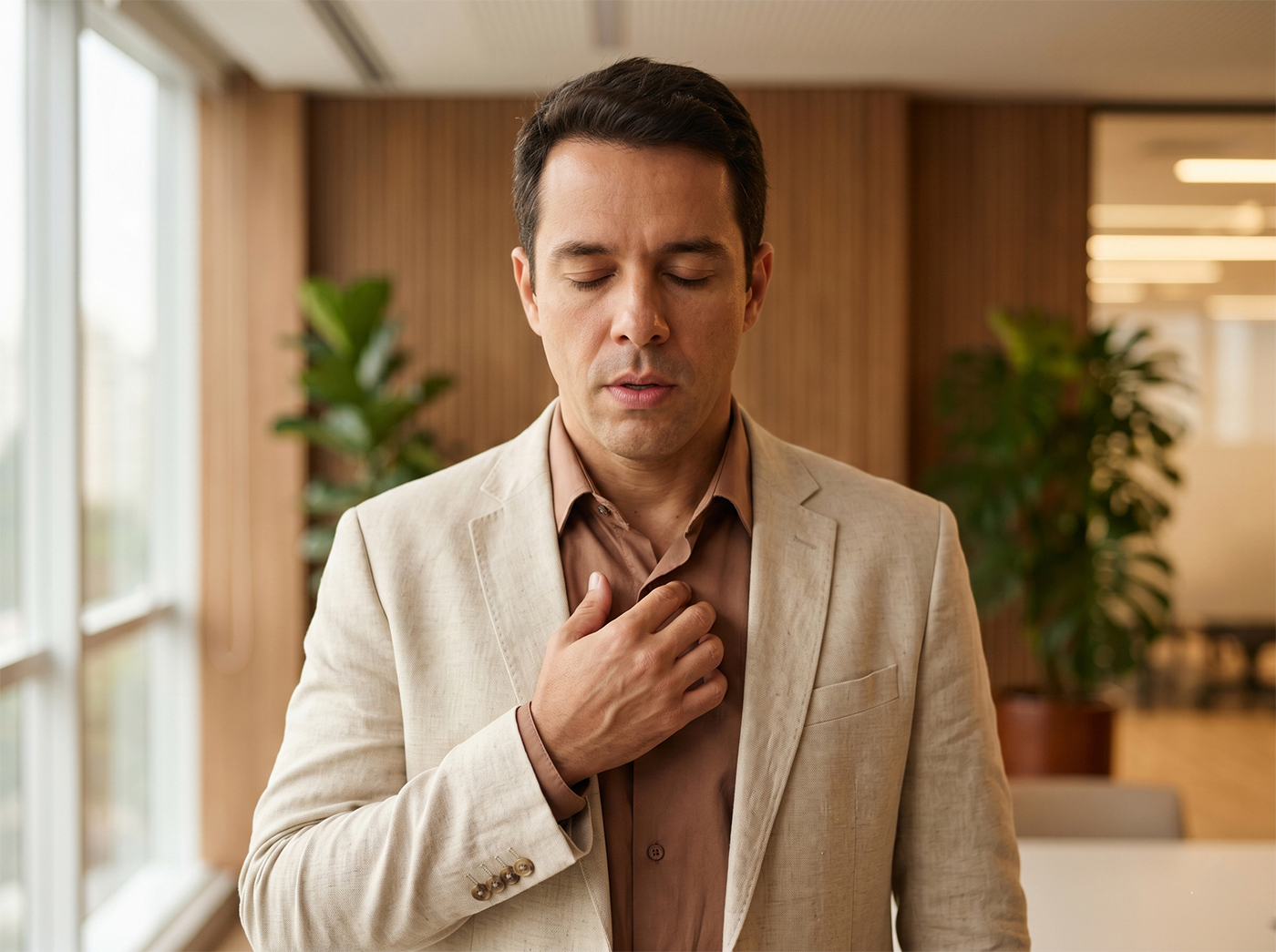 Pessoa respirando fundo antes de uma apresentação, olhos fechados, postura centrada e consciente