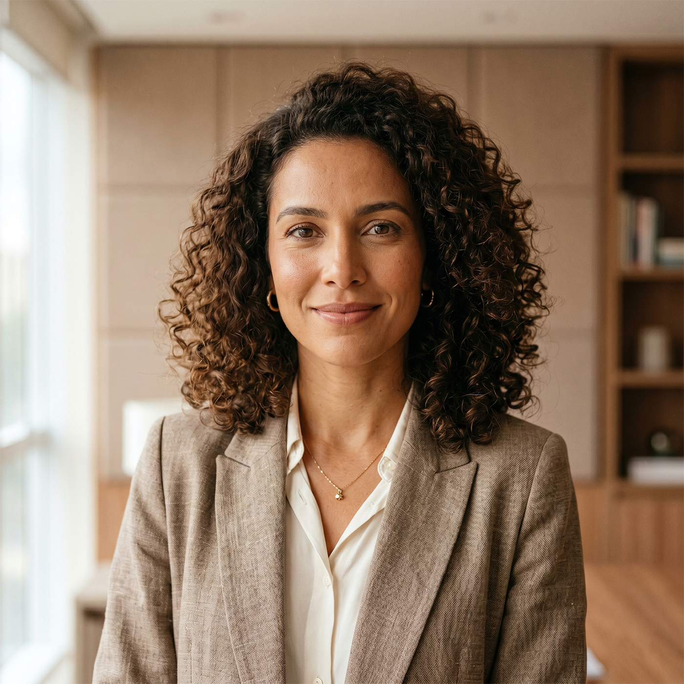 Mulher brasileira, 28–36 anos, cabelos cacheados médios, expressão serena e inteligente, blazer discreto, fundo neutro, foto profissional circular